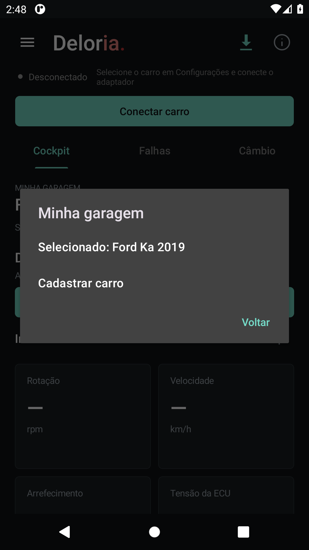 Cadastro livre de carros na garagem do Deloria