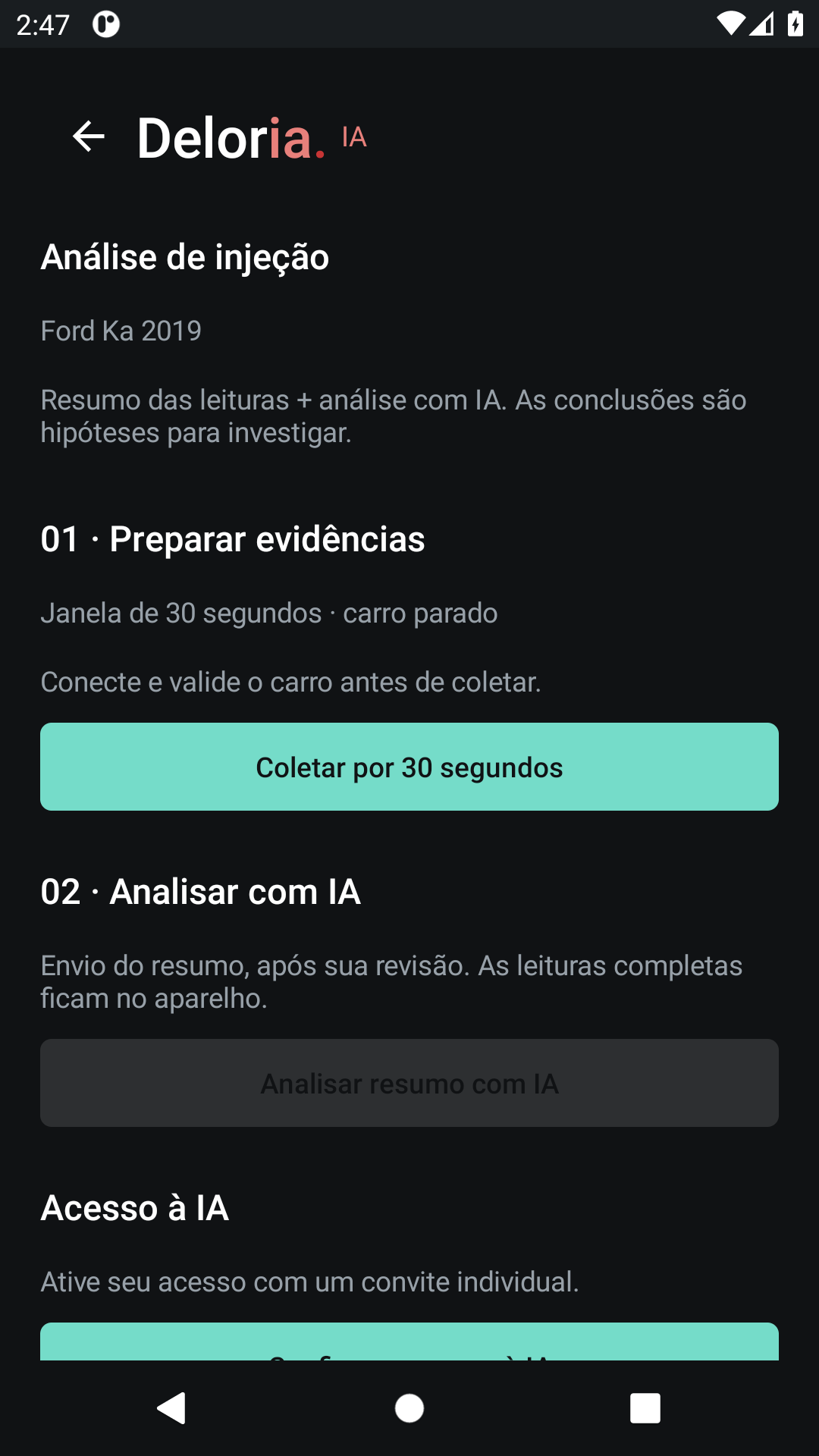 Tela real de preparação de evidências e análise com IA